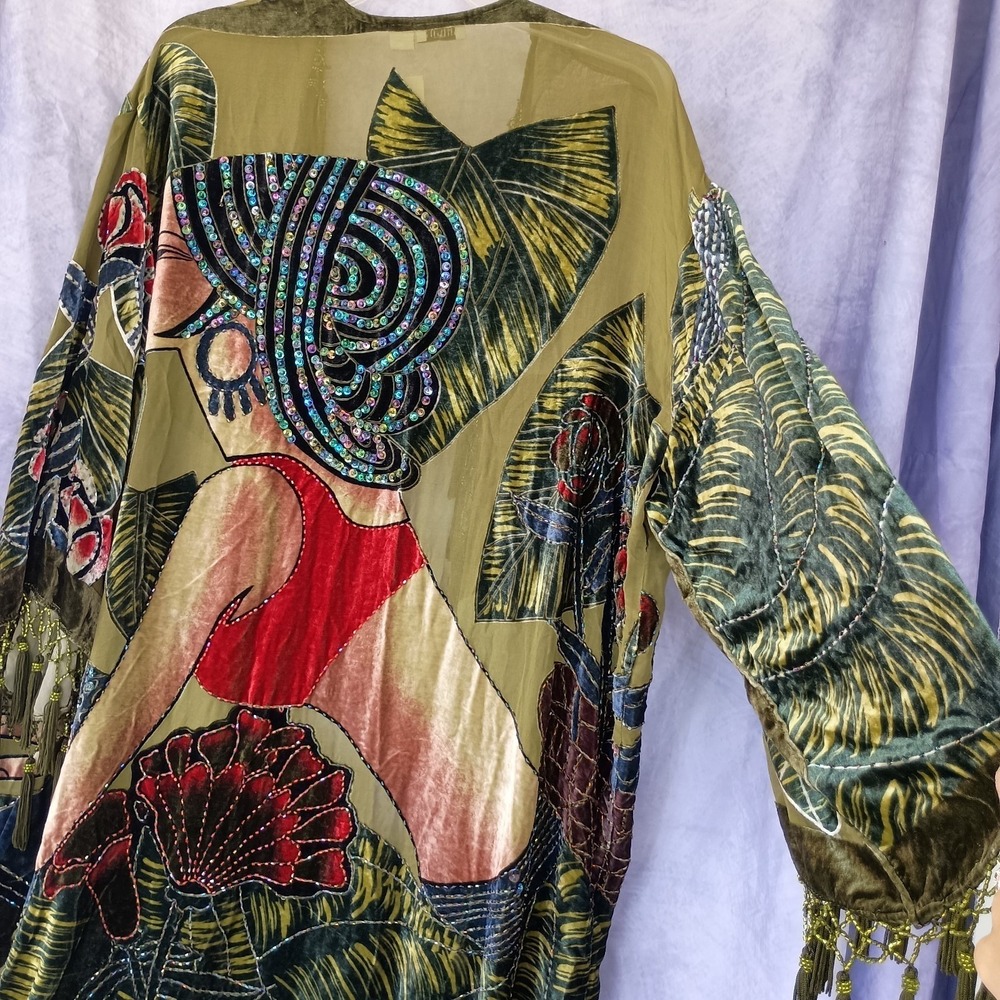 Chico's Vintage Olive Silk Velvet Burnout Tassel Beaded Kimono - Picture 10 of 11